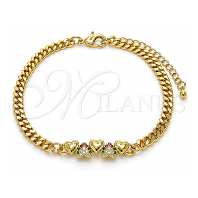 Oro Laminado Fancy Bracelet, Gold Filled Style Heart Design, with Multicolor Micro Pave, Polished, Golden Finish, 03.341.0173.08 (04 MM Thickness, 8 Inches Length)
