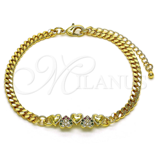 Oro Laminado Fancy Bracelet, Gold Filled Style Heart Design, with Multicolor Micro Pave, Polished, Golden Finish, 03.341.0173.08 (04 MM Thickness, 8 Inches Length)
