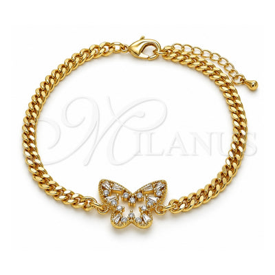 Oro Laminado Fancy Bracelet, Gold Filled Style Butterfly and Baguette Design, with White Cubic Zirconia, Polished, Golden Finish, 03.341.0174.08 (04 MM Thickness, 8 Inches Length)