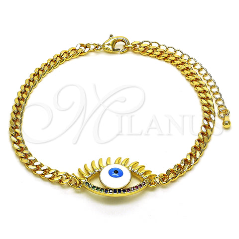 Oro Laminado Fancy Bracelet, Gold Filled Style Evil Eye Design, with Multicolor Micro Pave, White Enamel Finish, Golden Finish, 03.341.0175.08 (04 MM Thickness, 8 Inches Length)