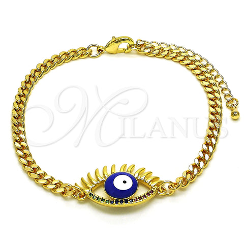 Oro Laminado Fancy Bracelet, Gold Filled Style Evil Eye Design, with Multicolor Micro Pave, Blue Enamel Finish, Golden Finish, 03.341.0175.1.08 (04 MM Thickness, 8 Inches Length)