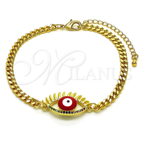 Oro Laminado Fancy Bracelet, Gold Filled Style Evil Eye Design, with Multicolor Micro Pave, Red Enamel Finish, Golden Finish, 03.341.0175.2.08 (04 MM Thickness, 8 Inches Length)