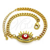 Oro Laminado Fancy Bracelet, Gold Filled Style Evil Eye Design, with Multicolor Micro Pave, Red Enamel Finish, Golden Finish, 03.341.0176.08 (04 MM Thickness, 8 Inches Length)