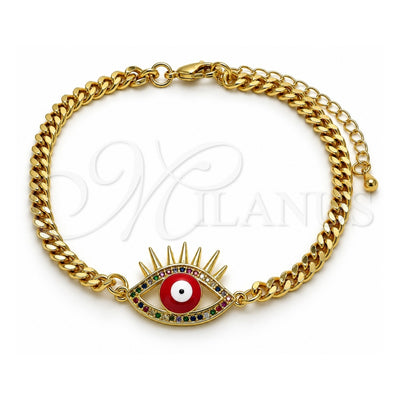 Oro Laminado Fancy Bracelet, Gold Filled Style Evil Eye Design, with Multicolor Micro Pave, Red Enamel Finish, Golden Finish, 03.341.0176.08 (04 MM Thickness, 8 Inches Length)