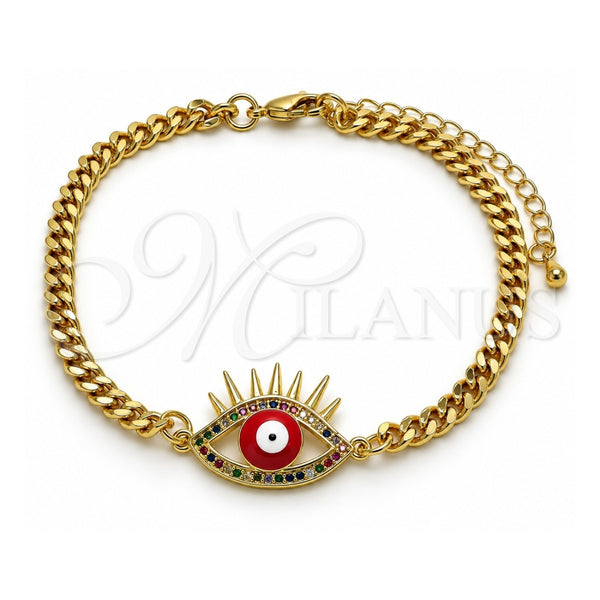 Oro Laminado Fancy Bracelet, Gold Filled Style Evil Eye Design, with Multicolor Micro Pave, Red Enamel Finish, Golden Finish, 03.341.0176.08 (04 MM Thickness, 8 Inches Length)