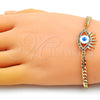 Oro Laminado Fancy Bracelet, Gold Filled Style Evil Eye Design, with Multicolor Micro Pave, White Enamel Finish, Golden Finish, 03.341.0176.1.08 (04 MM Thickness, 8 Inches Length)