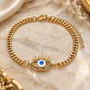 Oro Laminado Fancy Bracelet, Gold Filled Style Evil Eye Design, with Multicolor Micro Pave, White Enamel Finish, Golden Finish, 03.341.0176.1.08 (04 MM Thickness, 8 Inches Length)