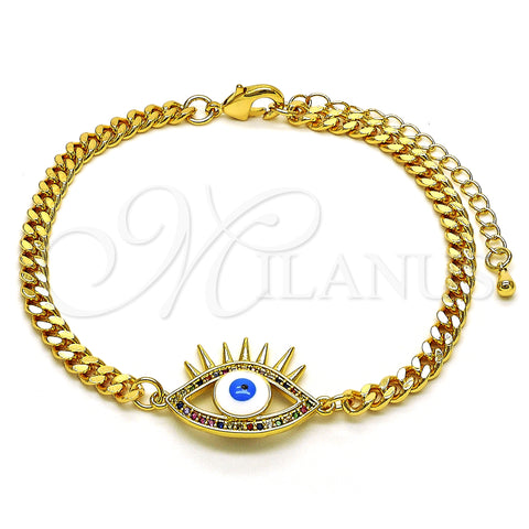 Oro Laminado Fancy Bracelet, Gold Filled Style Evil Eye Design, with Multicolor Micro Pave, White Enamel Finish, Golden Finish, 03.341.0176.1.08 (04 MM Thickness, 8 Inches Length)