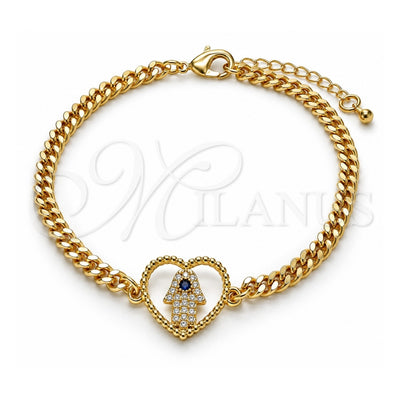 Oro Laminado Fancy Bracelet, Gold Filled Style Heart and Hand of God Design, with White Micro Pave and Sapphire Blue Cubic Zirconia, Polished, Golden Finish, 03.341.0177.08 (04 MM Thickness, 8 Inches Length)