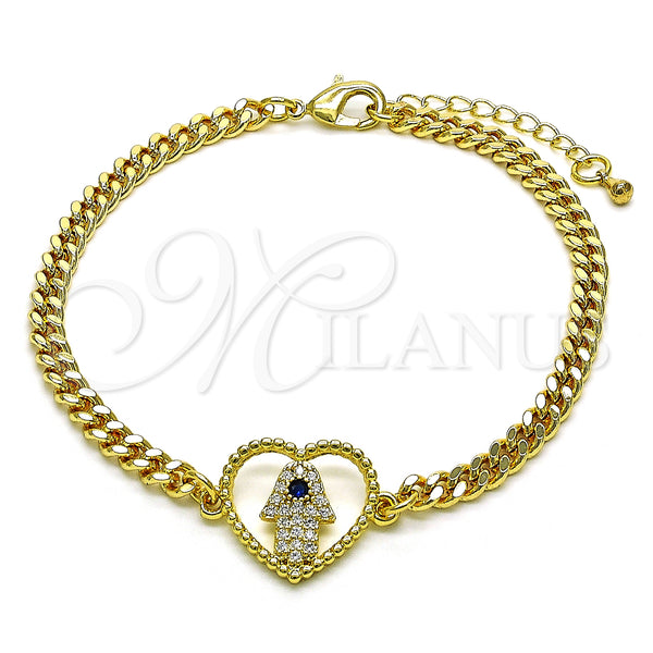Oro Laminado Fancy Bracelet, Gold Filled Style Heart and Hand of God Design, with White Micro Pave and Sapphire Blue Cubic Zirconia, Polished, Golden Finish, 03.341.0177.08 (04 MM Thickness, 8 Inches Length)