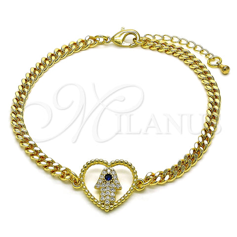 Oro Laminado Fancy Bracelet, Gold Filled Style Heart and Hand of God Design, with White Micro Pave and Sapphire Blue Cubic Zirconia, Polished, Golden Finish, 03.341.0177.08 (04 MM Thickness, 8 Inches Length)
