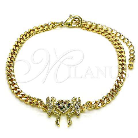 Oro Laminado Fancy Bracelet, Gold Filled Style Heart and Angel Design, with Multicolor Micro Pave, Polished, Golden Finish, 03.341.0179.08 (04 MM Thickness, 8 Inches Length)