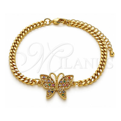 Oro Laminado Fancy Bracelet, Gold Filled Style Butterfly Design, with Multicolor Micro Pave, Polished, Golden Finish, 03.341.0182.08 (04 MM Thickness, 8 Inches Length)