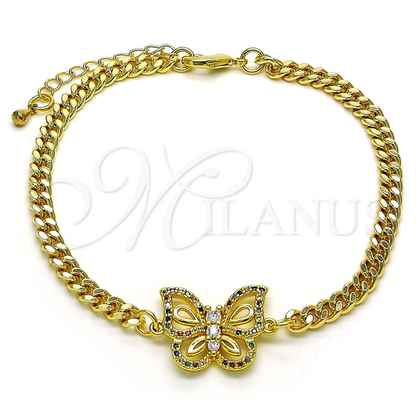 Oro Laminado Fancy Bracelet, Gold Filled Style Butterfly Design, with Multicolor Micro Pave and White Cubic Zirconia, Polished, Golden Finish, 03.341.0184.08