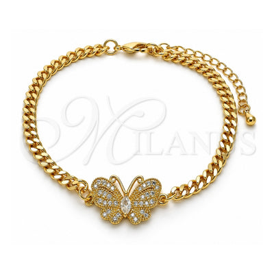 Oro Laminado Fancy Bracelet, Gold Filled Style Butterfly Design, with White Micro Pave, Polished, Golden Finish, 03.341.0185.08 (04 MM Thickness, 8 Inches Length)