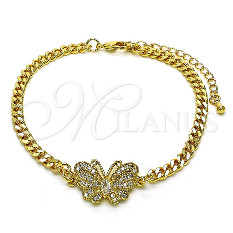 Oro Laminado Fancy Bracelet, Gold Filled Style Butterfly Design, with White Micro Pave, Polished, Golden Finish, 03.341.0185.08 (04 MM Thickness, 8 Inches Length)