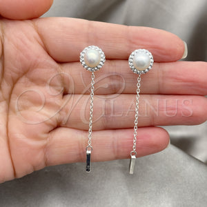 Sterling Silver Long Earring, Ball Design, with Ivory Pearl and White Crystal, Polished, Silver Finish, 02.399.0039