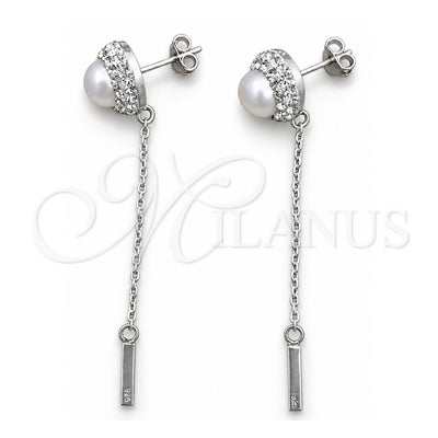 Sterling Silver Long Earring, Ball Design, with Ivory Pearl and White Crystal, Polished, Silver Finish, 02.399.0039
