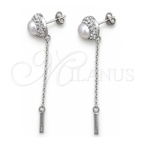 Sterling Silver Long Earring, Ball Design, with Ivory Pearl and White Crystal, Polished, Silver Finish, 02.399.0039