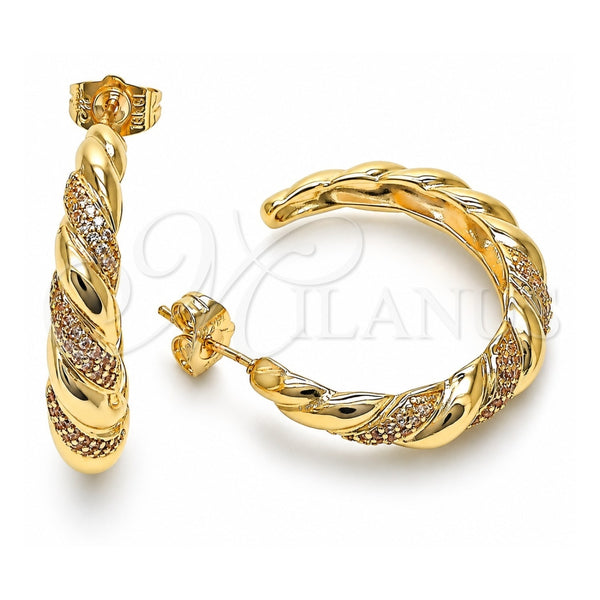 Oro Laminado Stud Earring, Gold Filled Style Twist Design, with White Micro Pave, Polished, Golden Finish, 02.195.0154