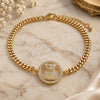 Oro Laminado Fancy Bracelet, Gold Filled Style Teddy Bear Design, with White and Garnet Micro Pave, Polished, Golden Finish, 03.195.0001.08 (04 MM Thickness, 8 Inches Length)