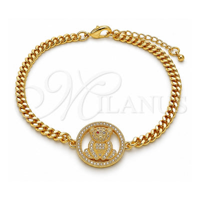 Oro Laminado Fancy Bracelet, Gold Filled Style Teddy Bear Design, with White and Garnet Micro Pave, Polished, Golden Finish, 03.195.0001.08 (04 MM Thickness, 8 Inches Length)