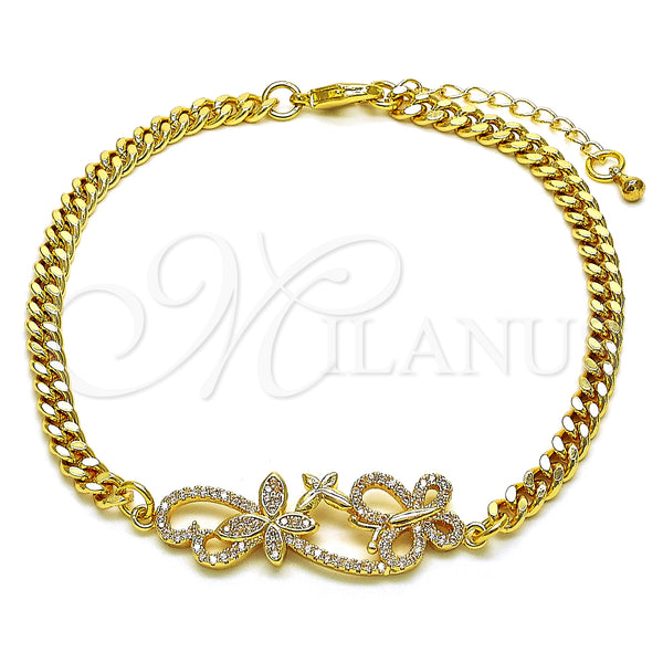 Oro Laminado Fancy Bracelet, Gold Filled Style Butterfly Design, with White Micro Pave, Polished, Golden Finish, 03.195.0002.08 (04 MM Thickness, 8 Inches Length)