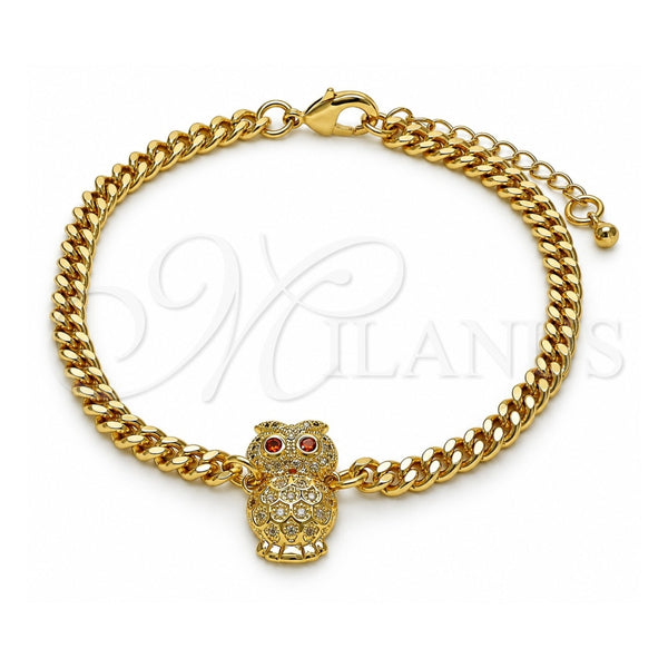 Oro Laminado Fancy Bracelet, Gold Filled Style Owl Design, with White Micro Pave and Orange Red Cubic Zirconia, Polished, Golden Finish, 03.195.0003.08 (04 MM Thickness, 8 Inches Length)