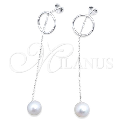 Sterling Silver Long Earring, Ball Design, with Ivory Pearl, Polished, Silver Finish, 02.399.0044