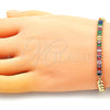 Oro Laminado Fancy Bracelet, Gold Filled Style Miami Cuban and Baguette Design, with Multicolor Cubic Zirconia, Polished, Golden Finish, 03.130.0010.1.08 (05 MM Thickness, 8 Inches Length)