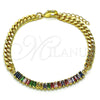 Oro Laminado Fancy Bracelet, Gold Filled Style Miami Cuban and Baguette Design, with Multicolor Cubic Zirconia, Polished, Golden Finish, 03.130.0010.1.08 (05 MM Thickness, 8 Inches Length)