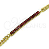 Oro Laminado Fancy Bracelet, Gold Filled Style Miami Cuban and Baguette Design, with Garnet Cubic Zirconia, Polished, Golden Finish, 03.130.0010.2.08 (05 MM Thickness, 8 Inches Length)