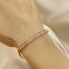 Oro Laminado Fancy Bracelet, Gold Filled Style Miami Cuban and Baguette Design, with Pink Cubic Zirconia, Polished, Golden Finish, 03.130.0010.3.07 (05 MM Thickness, 7 Inches Length)