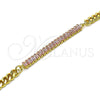 Oro Laminado Fancy Bracelet, Gold Filled Style Miami Cuban and Baguette Design, with Pink Cubic Zirconia, Polished, Golden Finish, 03.130.0010.3.07 (05 MM Thickness, 7 Inches Length)