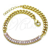 Oro Laminado Fancy Bracelet, Gold Filled Style Miami Cuban and Baguette Design, with Pink Cubic Zirconia, Polished, Golden Finish, 03.130.0010.3.07 (05 MM Thickness, 7 Inches Length)