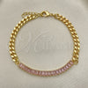 Oro Laminado Fancy Bracelet, Gold Filled Style Miami Cuban and Baguette Design, with Pink Cubic Zirconia, Polished, Golden Finish, 03.130.0010.3.07 (05 MM Thickness, 7 Inches Length)