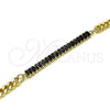 Oro Laminado Fancy Bracelet, Gold Filled Style Miami Cuban and Baguette Design, with Black Cubic Zirconia, Polished, Golden Finish, 03.130.0010.4.07 (05 MM Thickness, 7 Inches Length)