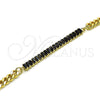 Oro Laminado Fancy Bracelet, Gold Filled Style Miami Cuban and Baguette Design, with Black Cubic Zirconia, Polished, Golden Finish, 03.130.0010.4.07 (05 MM Thickness, 7 Inches Length)
