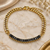 Oro Laminado Fancy Bracelet, Gold Filled Style Miami Cuban and Baguette Design, with Black Cubic Zirconia, Polished, Golden Finish, 03.130.0010.4.07 (05 MM Thickness, 7 Inches Length)