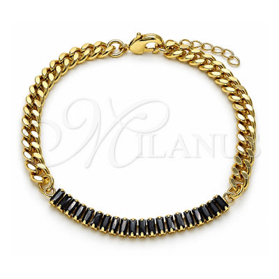 Oro Laminado Fancy Bracelet, Gold Filled Style Miami Cuban and Baguette Design, with Black Cubic Zirconia, Polished, Golden Finish, 03.130.0010.4.07 (05 MM Thickness, 7 Inches Length)