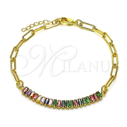 Oro Laminado Fancy Bracelet, Gold Filled Style Paperclip and Baguette Design, with Multicolor Cubic Zirconia, Polished, Golden Finish, 03.130.0011.1.08 (04 MM Thickness, 8 Inches Length)