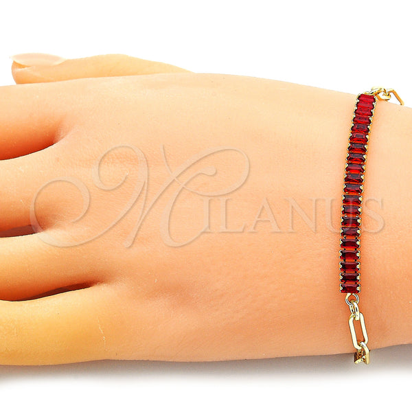 Gold Filled Bracelet — Fancy Bracelet Paperclip and Baguette Design with Garnet — alternate product view — SKU 149231 | Oro Laminado brazalete — elegante Bracelet Paperclip and Baguette diseño with Garnet — SKU 149231