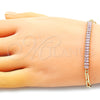 Oro Laminado Fancy Bracelet, Gold Filled Style Paperclip and Baguette Design, with Pink Cubic Zirconia, Polished, Golden Finish, 03.130.0011.3.07 (04 MM Thickness, 7 Inches Length)