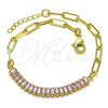 Oro Laminado Fancy Bracelet, Gold Filled Style Paperclip and Baguette Design, with Pink Cubic Zirconia, Polished, Golden Finish, 03.130.0011.3.07 (04 MM Thickness, 7 Inches Length)