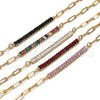 Oro Laminado Fancy Bracelet, Gold Filled Style Paperclip and Baguette Design, with Pink Cubic Zirconia, Polished, Golden Finish, 03.130.0011.3.07 (04 MM Thickness, 7 Inches Length)