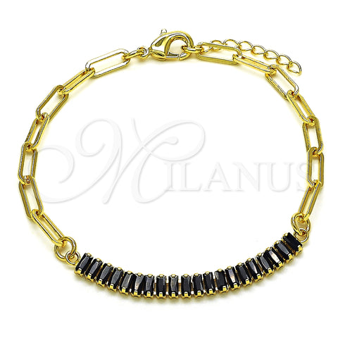Oro Laminado Fancy Bracelet, Gold Filled Style Paperclip and Baguette Design, with Black Cubic Zirconia, Polished, Golden Finish, 03.130.0011.4.07 (04 MM Thickness, 7 Inches Length)