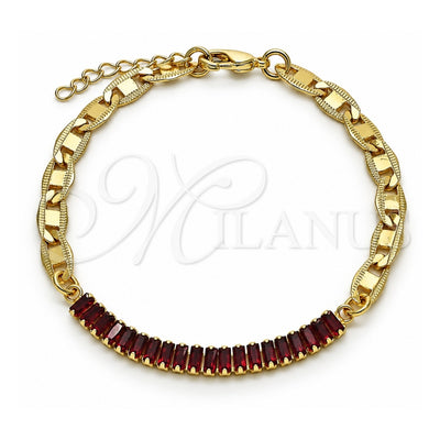 Oro Laminado Fancy Bracelet, Gold Filled Style Mariner and Baguette Design, with Garnet Cubic Zirconia, Polished, Golden Finish, 03.130.0012.2.08 (05 MM Thickness, 8 Inches Length)