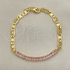 Oro Laminado Fancy Bracelet, Gold Filled Style Mariner and Baguette Design, with Pink Cubic Zirconia, Polished, Golden Finish, 03.130.0012.3.08 (05 MM Thickness, 8 Inches Length)