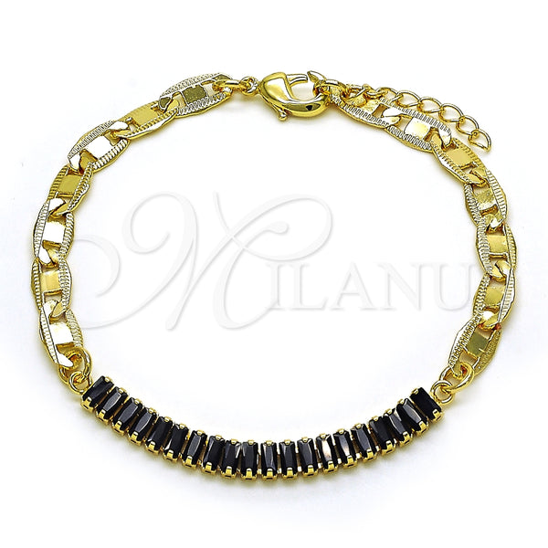 Oro Laminado Fancy Bracelet, Gold Filled Style Mariner and Baguette Design, with Black Cubic Zirconia, Polished, Golden Finish, 03.130.0012.4.08 (05 MM Thickness, 8 Inches Length)