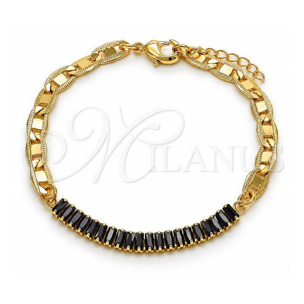 Oro Laminado Fancy Bracelet, Gold Filled Style Mariner and Baguette Design, with Black Cubic Zirconia, Polished, Golden Finish, 03.130.0012.4.08 (05 MM Thickness, 8 Inches Length)